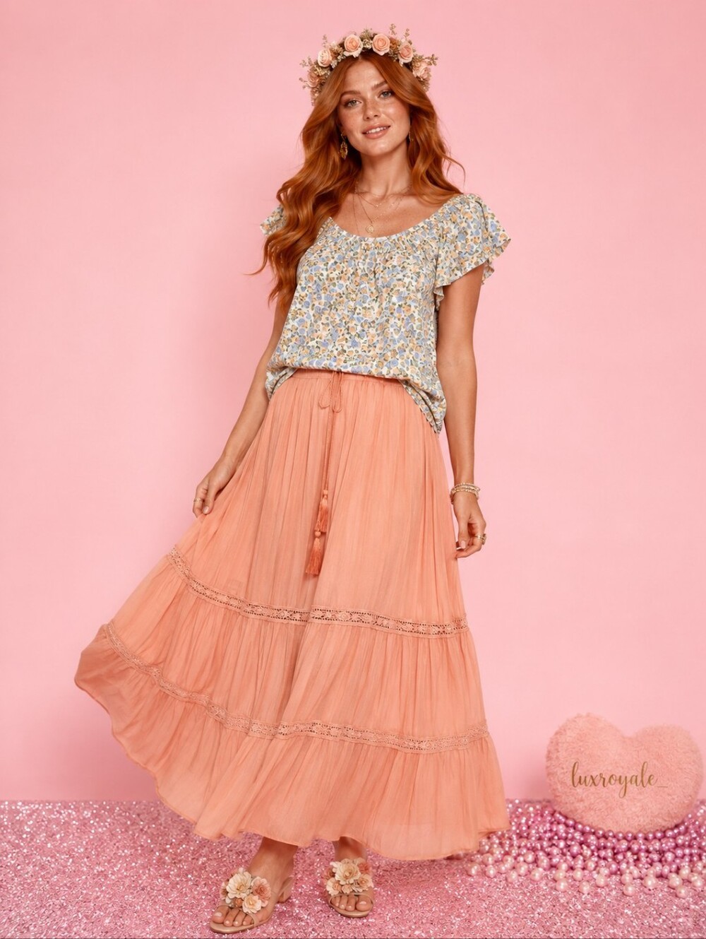 Pink Rose Floral Off-the-Shoulder Blouse | Women's Size Small | Blue & Peach Top